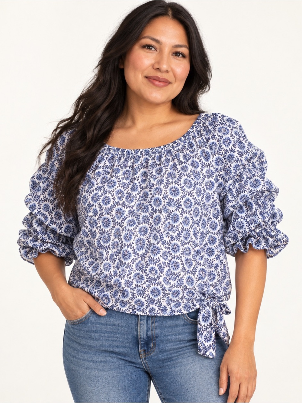 Vince Camuto Blue Floral Ruched Puff Sleeve Side Tie Blouse Petite M NWT